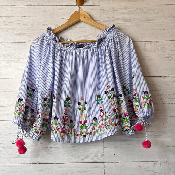 Aqua Blouse Womens Size XS Off the Shoulder Pinstriped Floral Embroidered Cotton - Picture 1 of 15